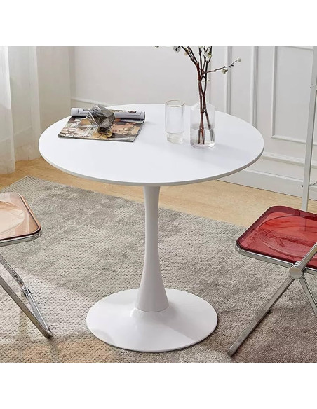 PLATINUM, TULIP Style Table, Round, 80x73 cm – White MDF Top and White Metal Base, Modern Design